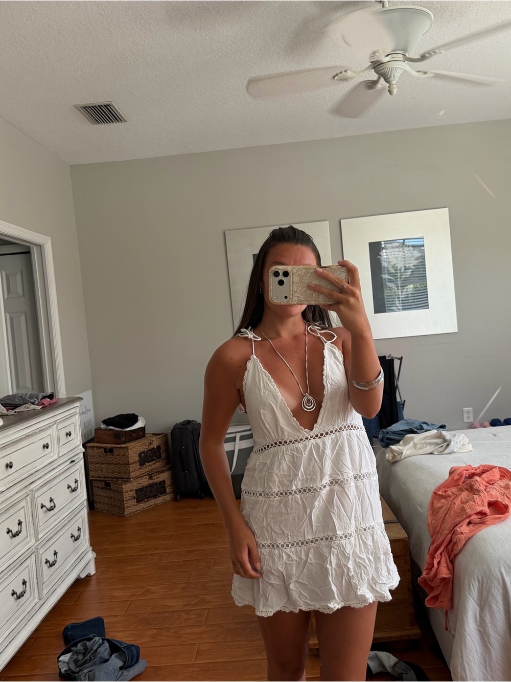 Tied-Shoulder White Mini Dress with Lace Inserts